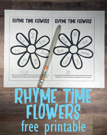Kids will have fun practicing rhyming with this flower rhyming words activity. This FREE  printable flowers rhyming words is perfect for kindergarten and first grade students. Simply download pdf file with rhyming worksheets and you are ready to play and learn with this words that rhyme with flower 