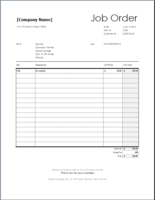 Job Order Form Template Excel Invoice Template
