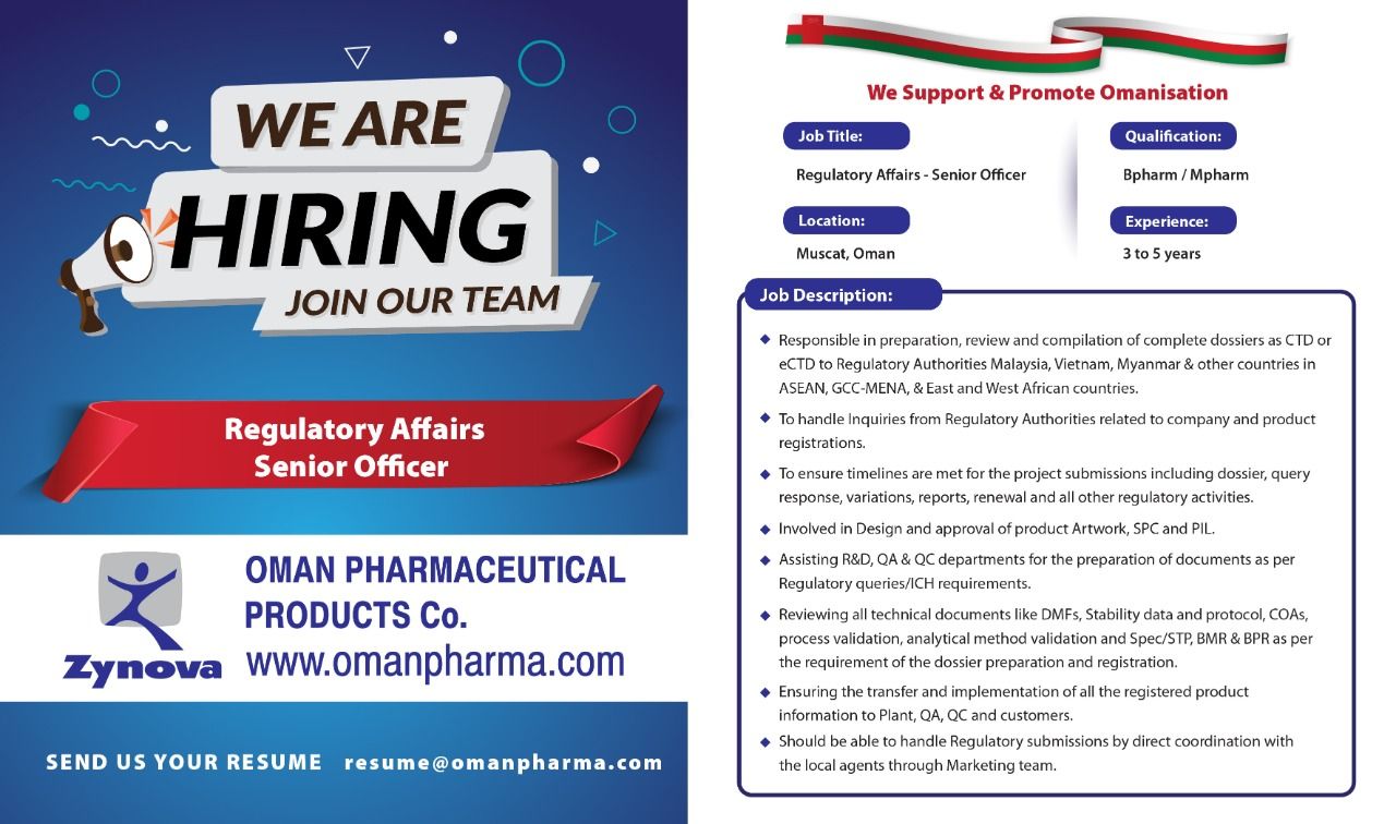 Oman Pharmaceutical - Abroad Openings for Regulatory Affairs Department