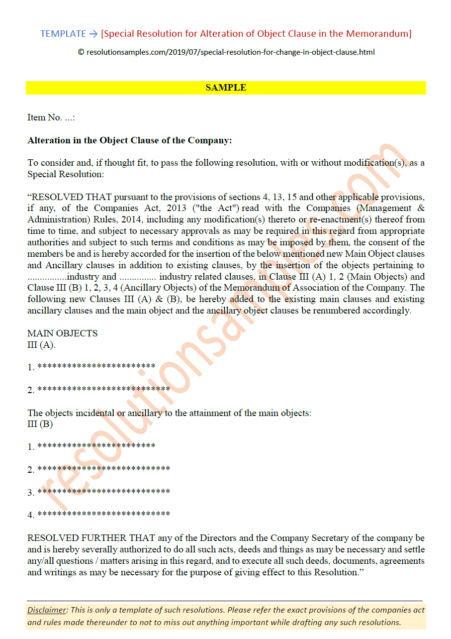 Special Resolution Format for Change in Object Clause of MOA