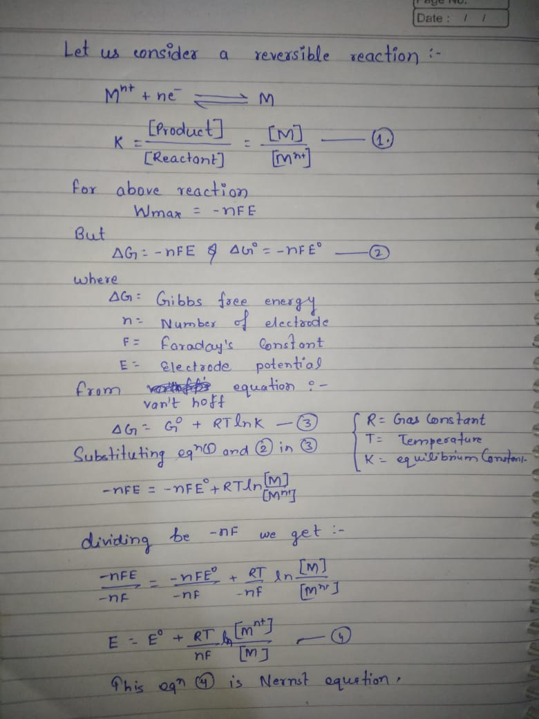 Define electrode potential and derive Nernst's equation for it