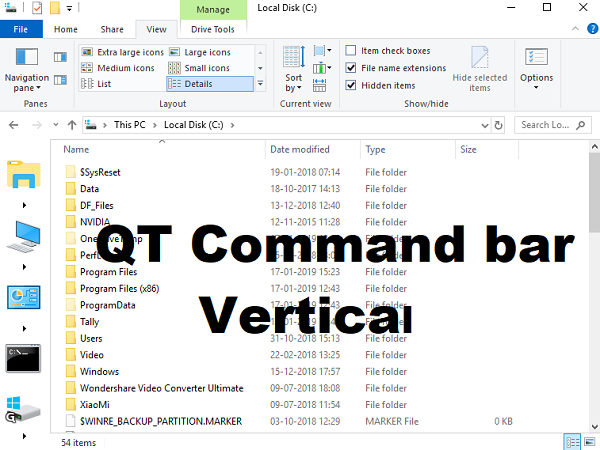 QT Opdrachtbalk Verticale modus