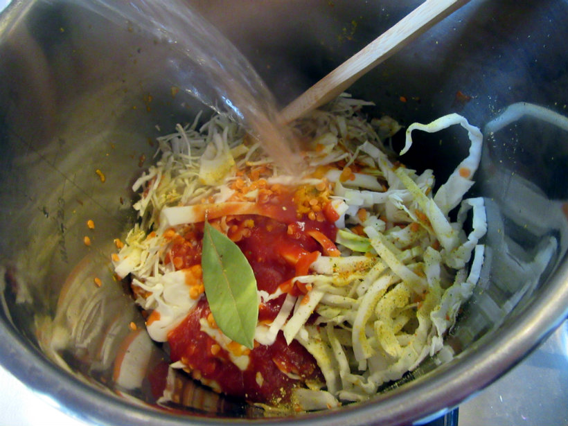 add lentils, cabbage, bay leaf, tomato puree