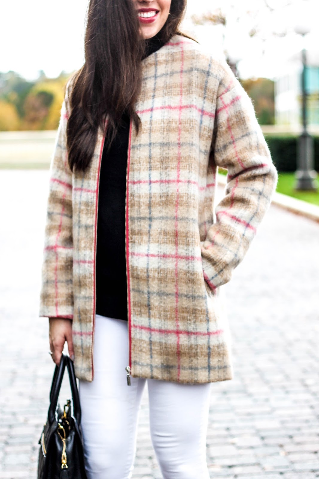 Bernardo Outerwear, Nordstrom plaid coat, plaid coat for women, the perfect fall coat, fashion blogger, fashion blog, fall trends, vera bradley satchel, white and black outfit, white denim in the winter, how to wear white in the winter, how to wear white in fall, blogger style, pretty in the pines blog