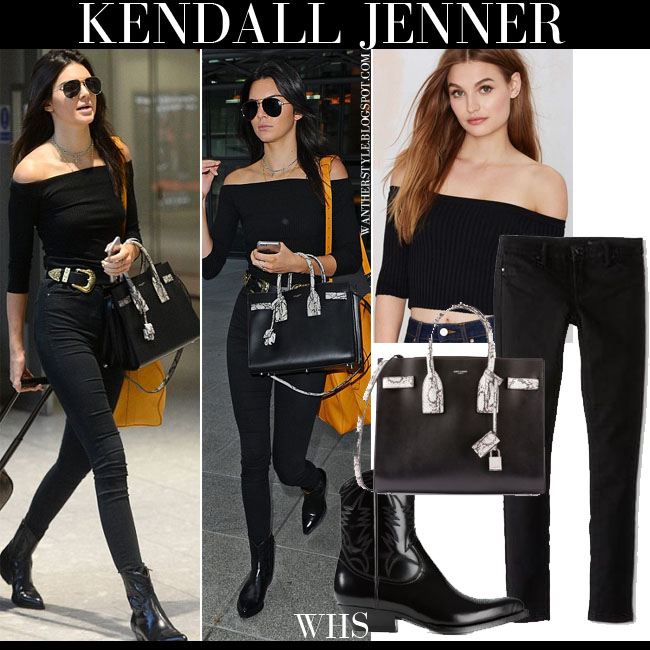 Kendall Jenner in black crop top, black skinny jeans and black ankle ...