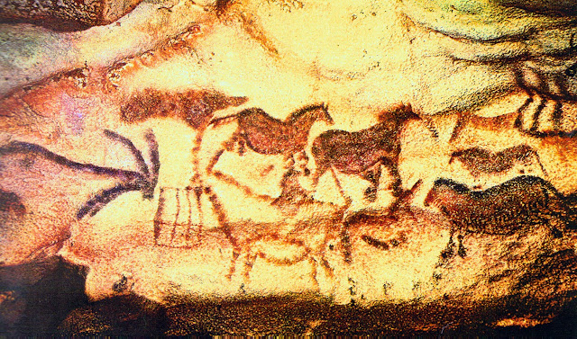 Horses and ibexes and rectangular figures representing traps or nets - from Lascoux Cave