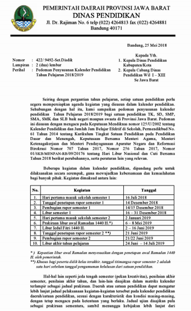 Kalender Pendidikan Provinsi Jawa Barat 2018/2019 Dan 2017/2018