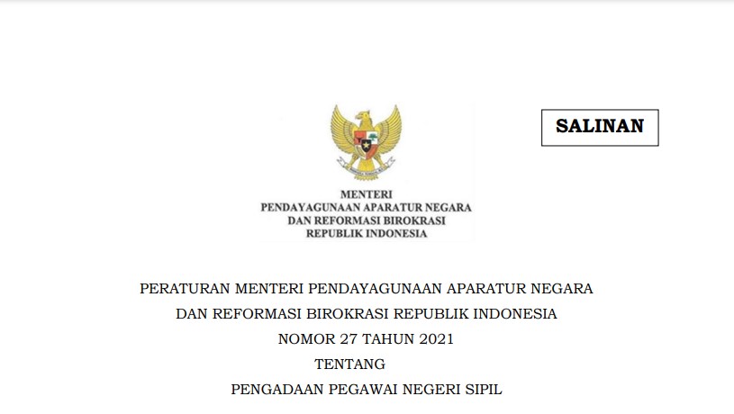 Download Permenpan Rb Nomor 27 Tahun 2021 Tentang Pengadaan Pegawai Negeri Sipil Guru Penyemangat