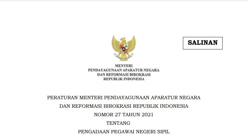 Download Permenpan Rb Nomor 27 Tahun 2021 Tentang Pengadaan Pegawai Negeri Sipil Guru Penyemangat