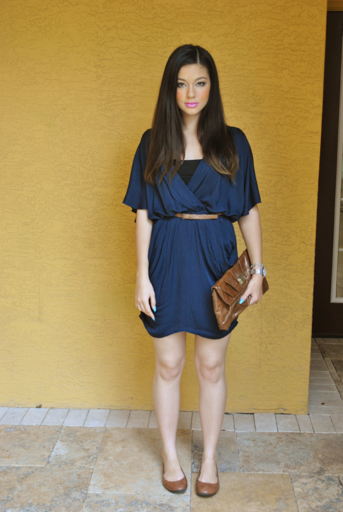 brown flats outfit, love navy batwing wrap dress, inlovewithfashion