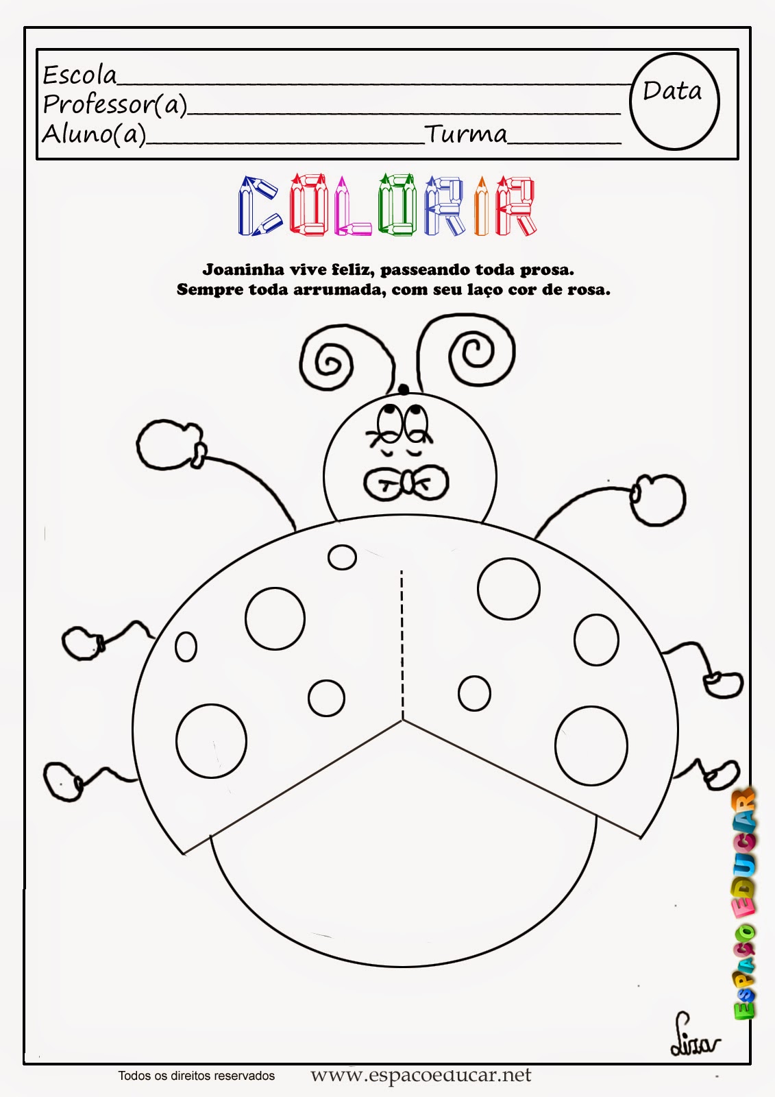 Página para colorir para atividade de pintura joaninha feliz