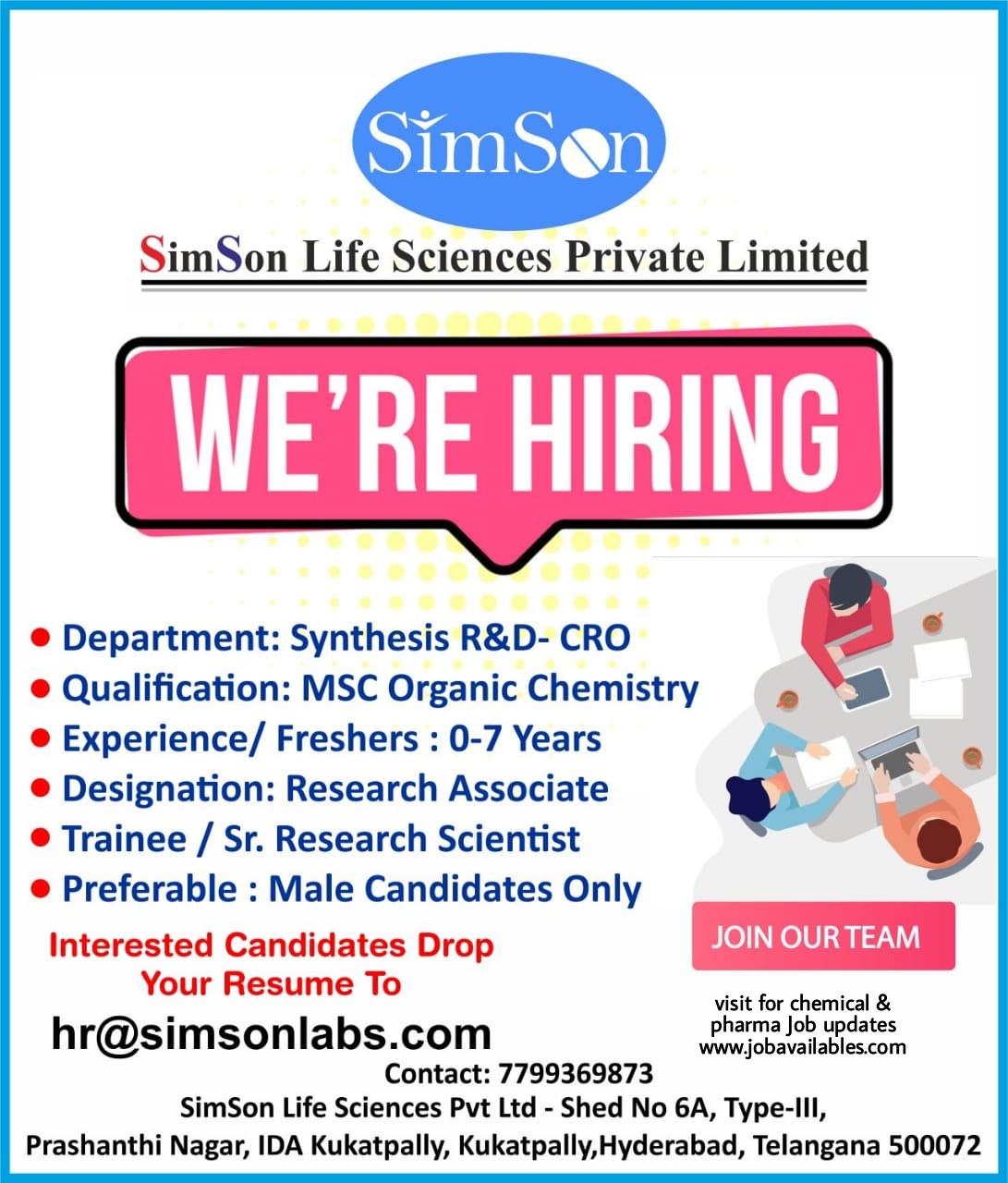 Simson Life Sciences Pvt Ltd Job Opening For Freshers Msc Organic