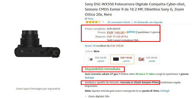 Offerta del giorno Amazon: fotocamera compatta Sony DSC-WX350, Zoom Ottico 20X in offerta a 149 euro venduta e spedita da Amazon