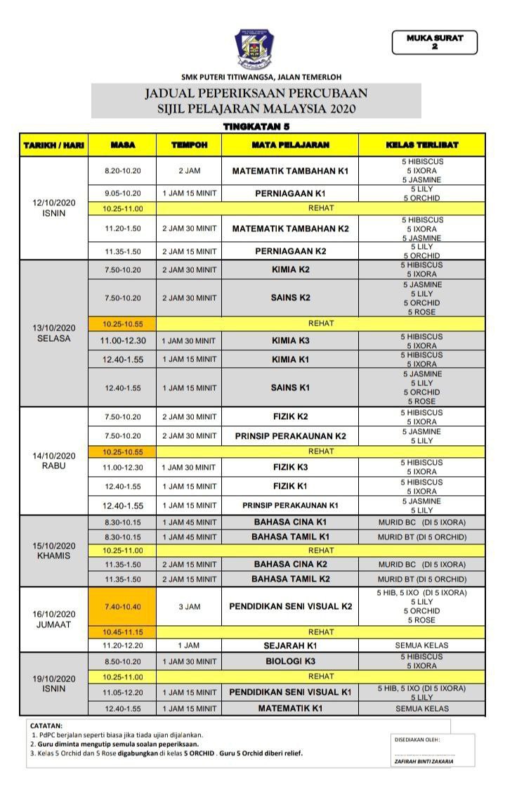 SMK PUTERI TITIWANGSA JADUAL PEPERIKSAAN PERCUBAAN SPM TAHUN 2020