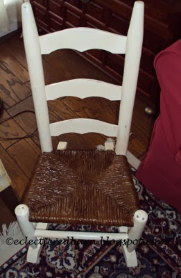 Eclectic Red Barn:  Jute seat child's rocker painted vintage white with amber lacquered seat