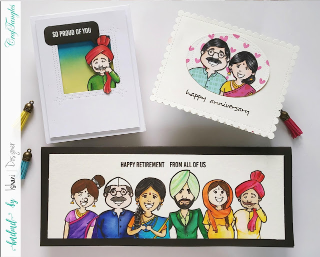 Craftangles people of India stamp set, People of India, craftangles world's best, from all of us stamp set, Masking, Zig Clean Color Brush Markers, Copic markers, distress oxides, ink blending, Paper Piecing Technique,  Quillish