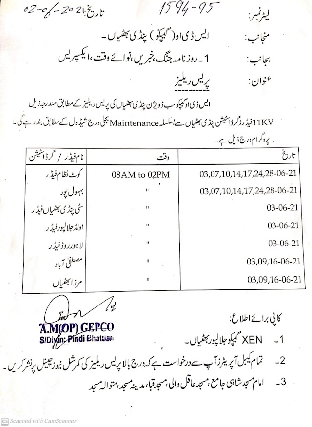 SCHEDULE OF ELECTRICITY LOAD SHEDDING IN TEHSIL PINDI BHATTIAN JUNE 2021