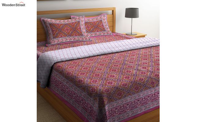 Pink And Maroon Screen Print Cotton Bedding Set