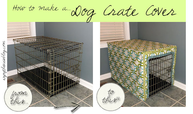 before and after photos; on the left, a large dog crate - on the right, same dog crate with a white/green/blue cover