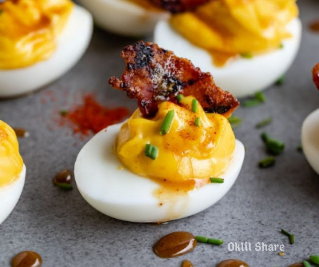 Dijon Deviled Eggs With Maple Candied Bacon