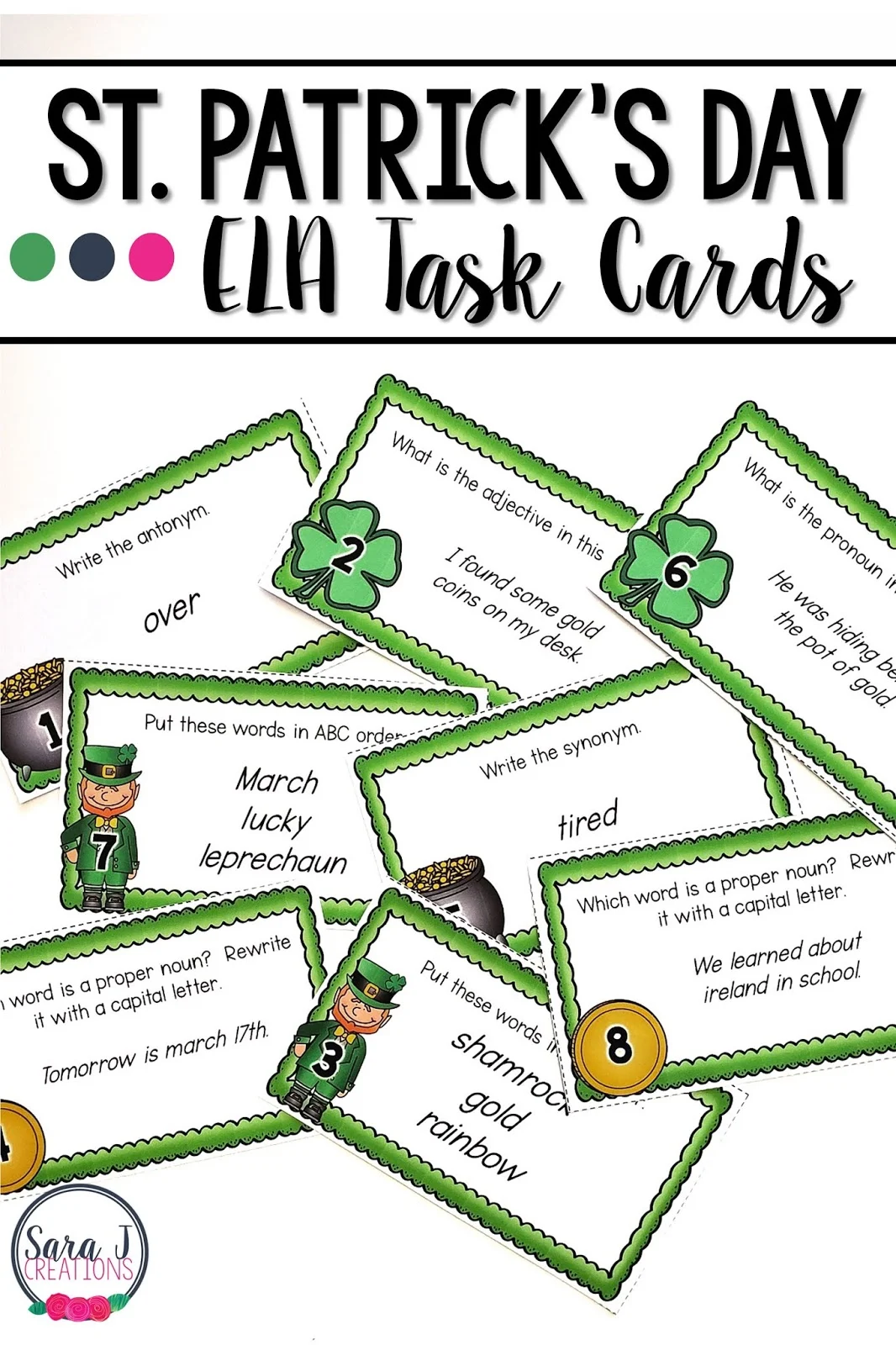 ELA Task Cards with a St. Patrick's Day theme are the perfect way to practice parts of speech, synonyms, antonyms, and alphabetical order. These 32 task cards make an awesome review for your language arts block. Ideal for literacy practice for second grade but could also be used with first or third graders or in special education.