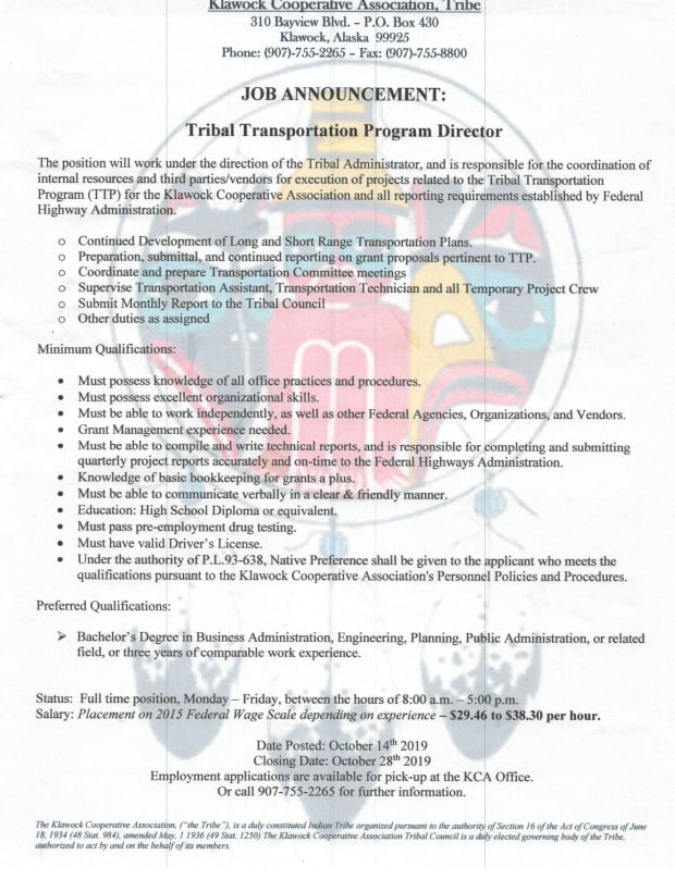 [JOB POSTING] Klawock Cooperative Association P.O.W. Report