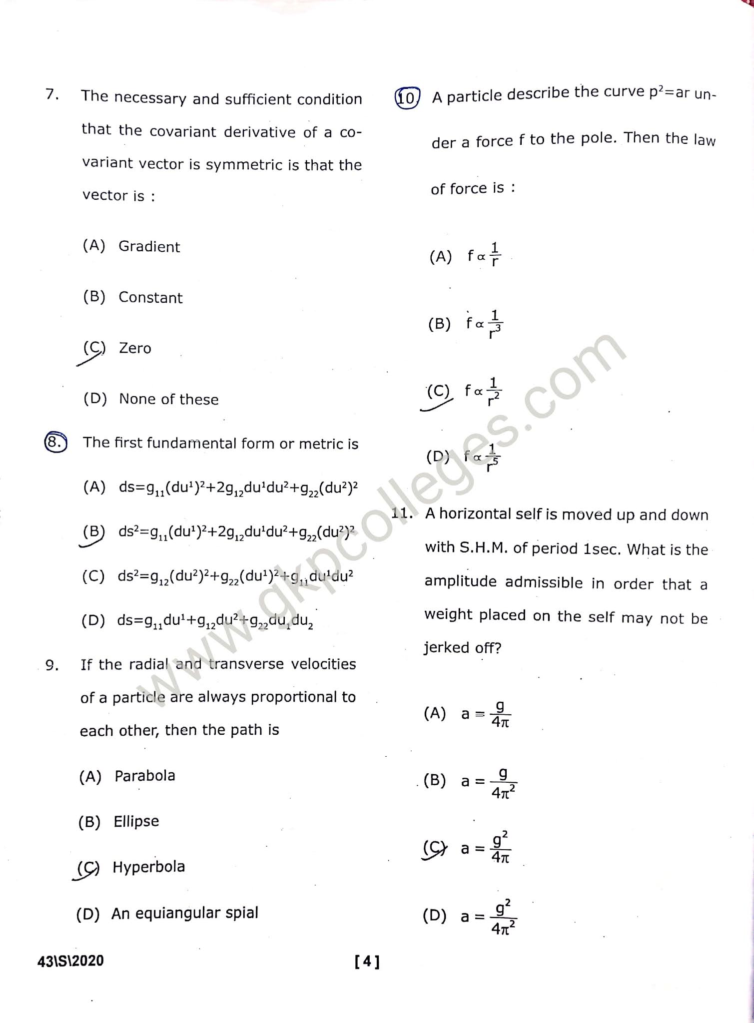 DDU M.Sc. and M.A. Mathematics Entrance question paper 2020 with Answer key