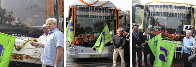 Transport Minister Kailash Gahlot flagging off trail run of electric buses in Delhi