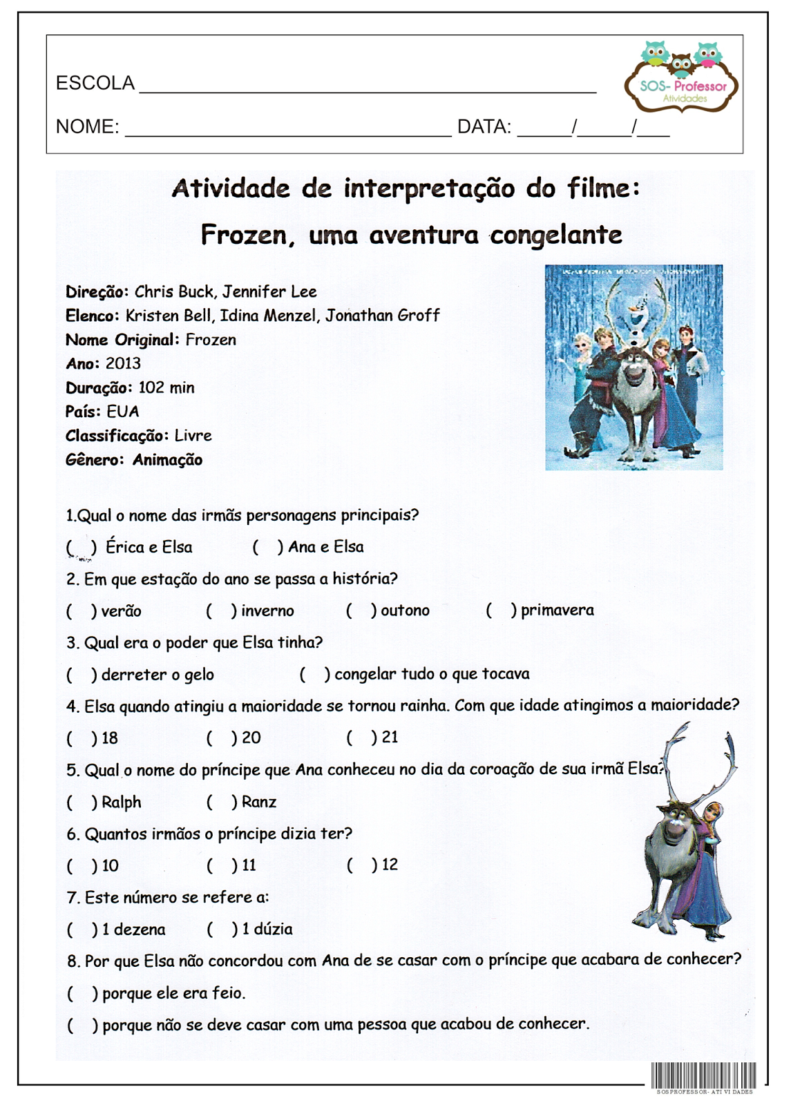 SOSPROFESSOR ATIVIDADES Frozen sosprofessor-atividades-frozen