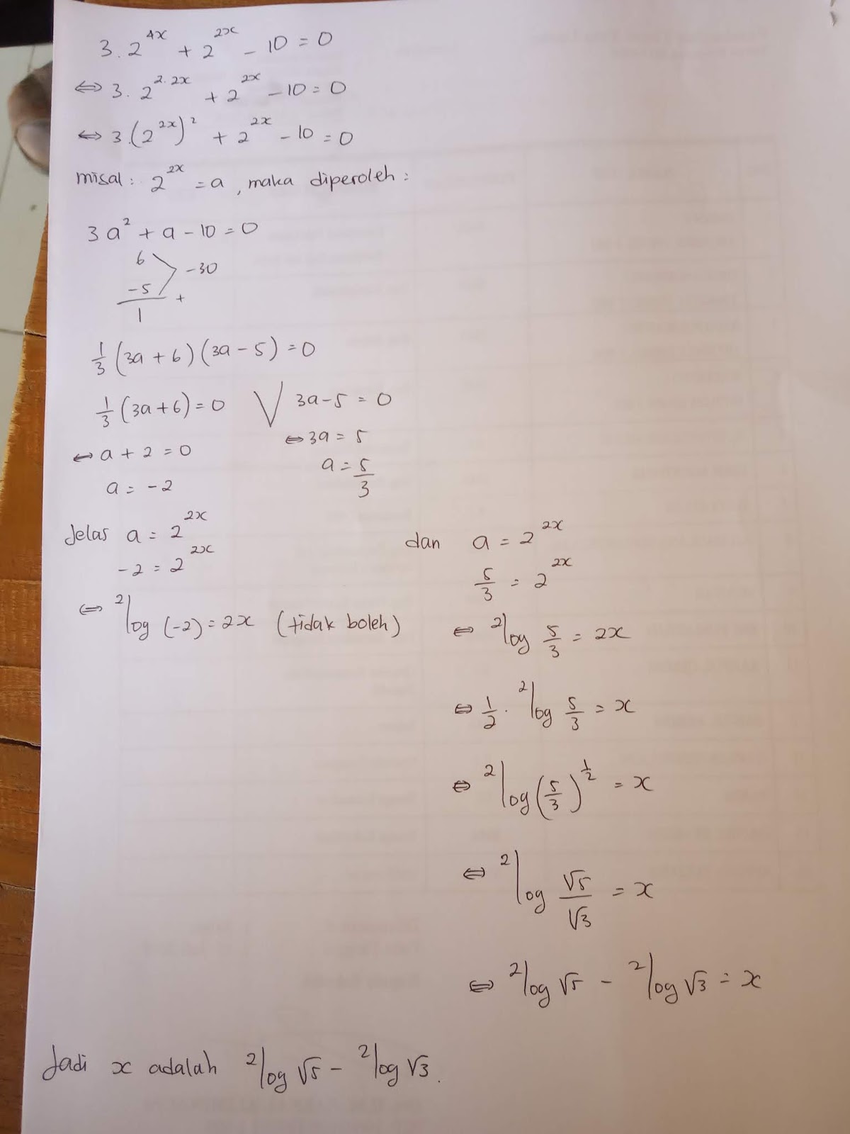 Nilai x yang memenuhi 3.2^(4x) +2^(2x) -10=0