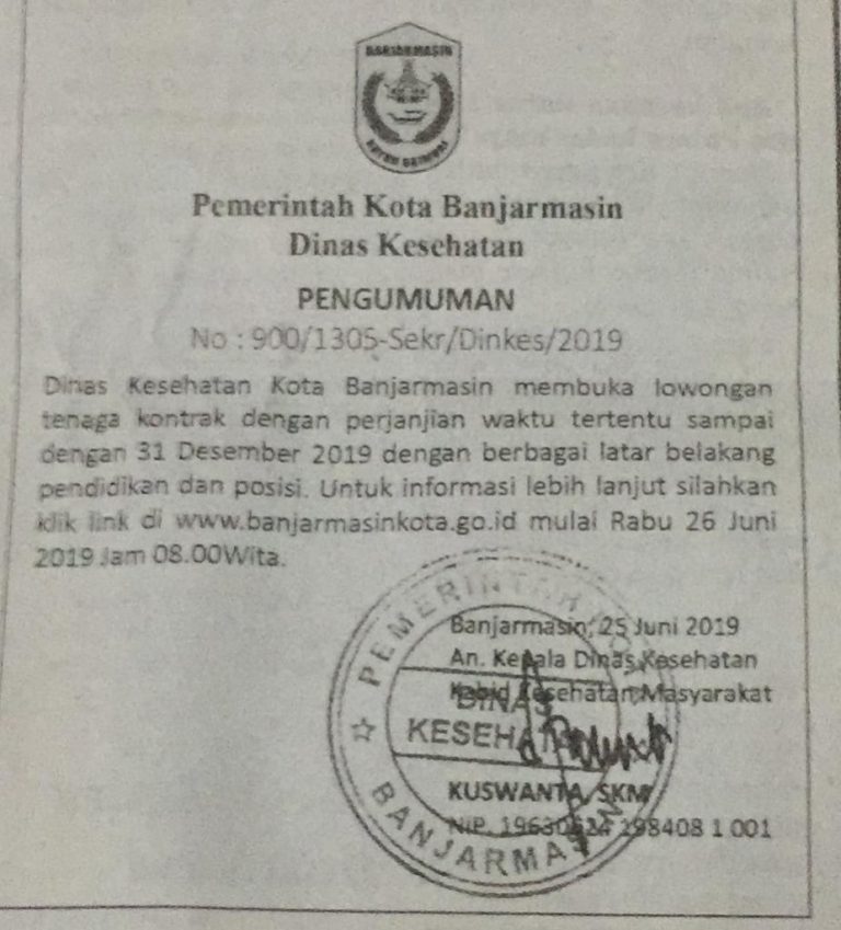 Lowongan Kerja Dinas Kesehatan Kota Banjarmasin Juni 2019 Dinas Kesehatan Kota Banjarmasin