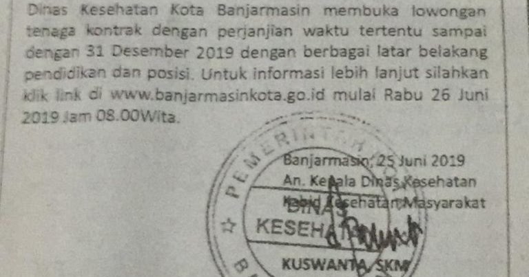 Lowongan Kerja Dinas Kesehatan Kota Banjarmasin Juni 2019 Dinas Kesehatan Kota Banjarmasin