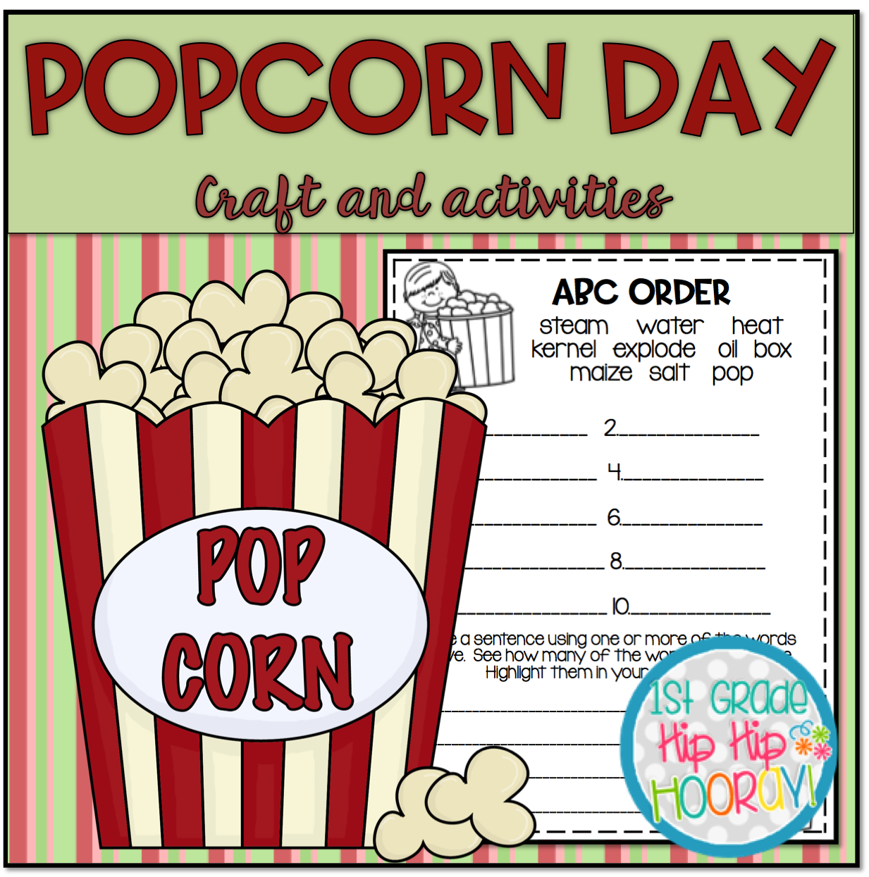 1st Grade Hip Hip Hooray! Popcorn Day...Paper Pencil or Distance Learning