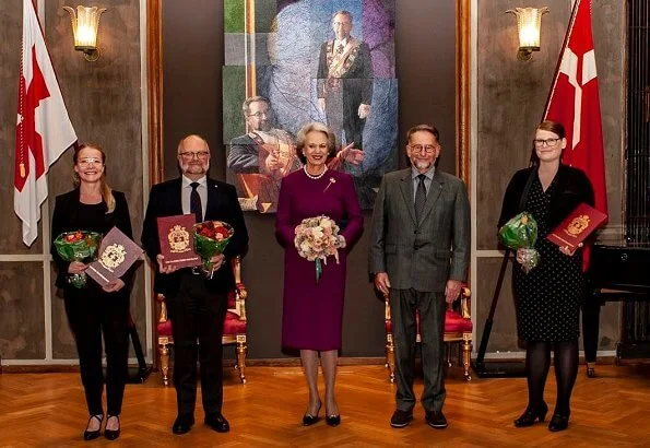 Danish Order of Freemasons. Princess Benedikte of Denmark wore a burgundy midi dressi and gold vintage crown trifari bough rhinestone brooch