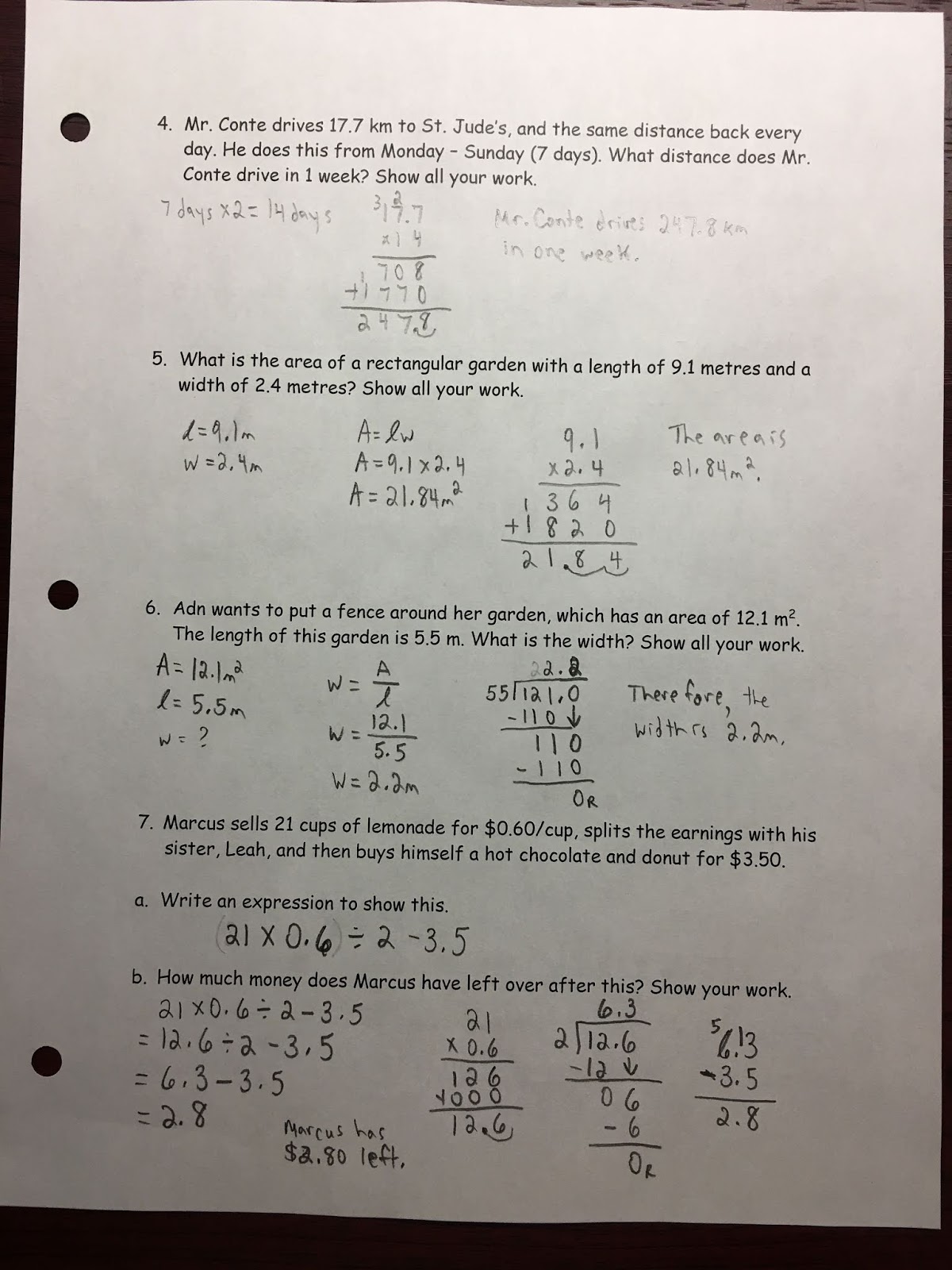 Mr. Conte's Grade 6 Class: Math Review Answer Key