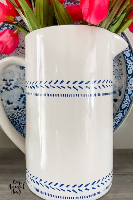 white blue painted pottery pitcher vase