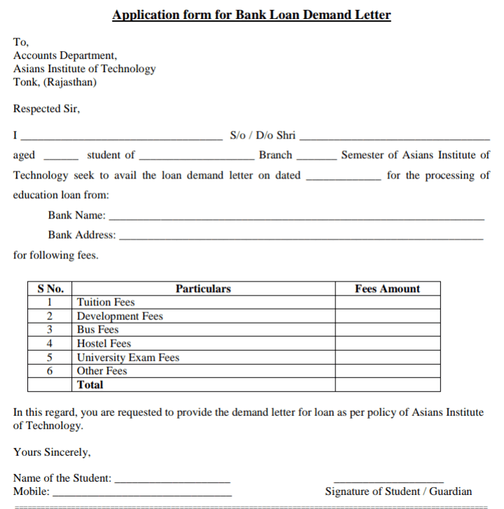 application for demand letter for education loan