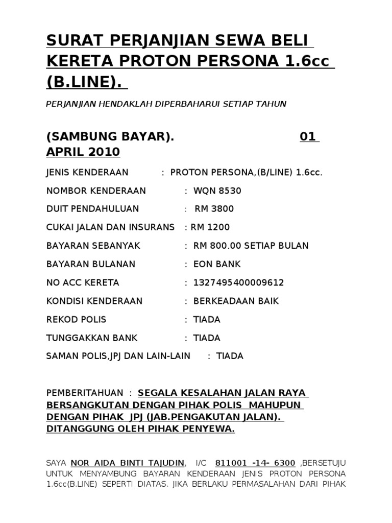 Buat Sendiri Surat Perjanjian Jual Beli Kenderaan