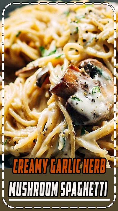 This Creamy Garlic Herb Mushroom Spaghetti is total comfort food! Simple ingredients, ready in about 30 minutes. Vegetarian.