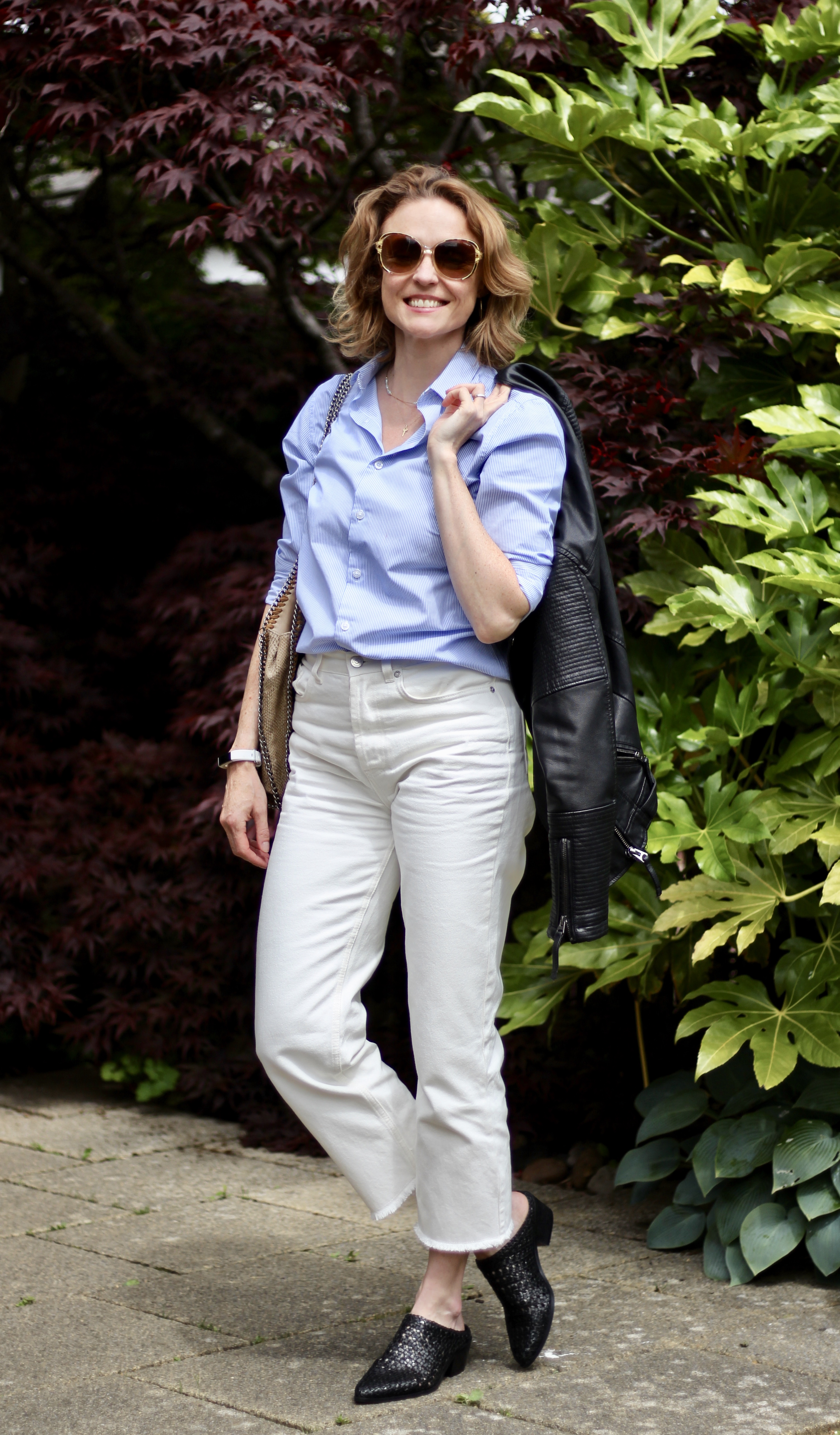 AGELESS Style? You decide! • Cream Jeans, Blue Shirt, Black Biker FAKE FABULOUS STYLE