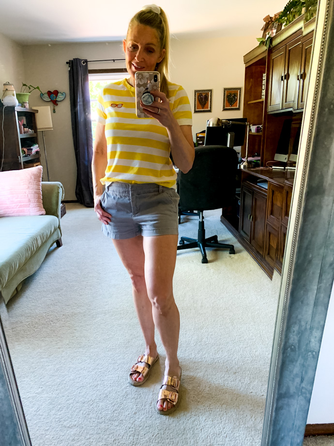 j.crew yellow striped tee and grey shorts