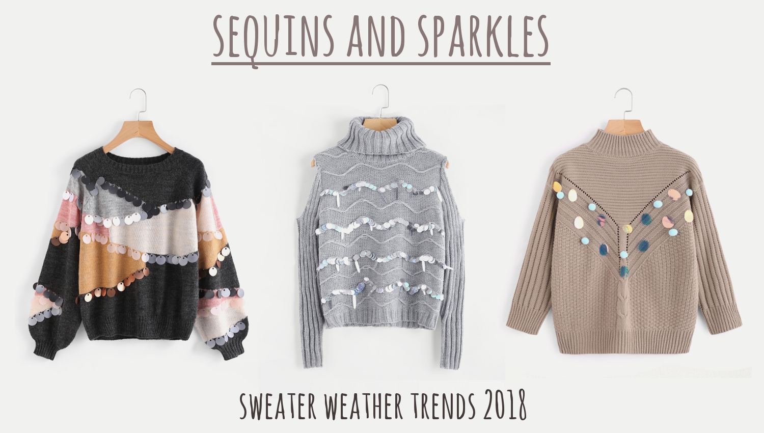 fashion collage with three trendy sequin sweaters for sweater weather season