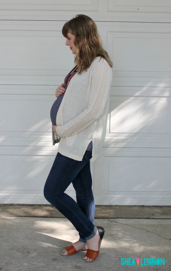 Late summer / early fall outfit idea - neutral cardigan, striped top, jeans, and colorful necklace | www.shealennon.com