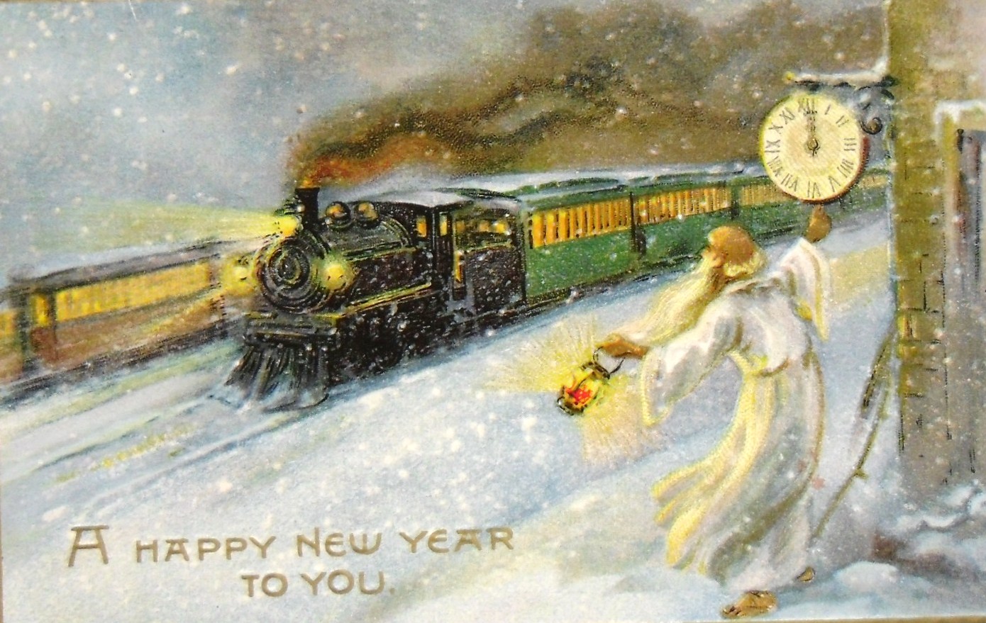Произведение старый год. Ретро открытки с новым годом. Новогодняя открытка с поездом. Новый год железная дорога. Сказочный поезд.
