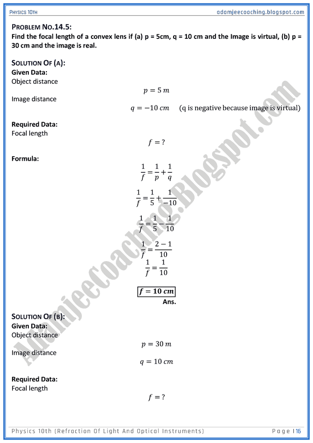 Adamjee Coaching Refraction of Light and Optical Instruments Solved