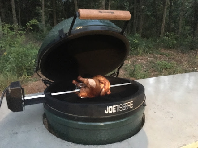 Juiciest rotisserie chicken roasted on a Big Green Egg using the JoeTisserie.  Served with "Beets & Sweets" | The Lowcountry Lady