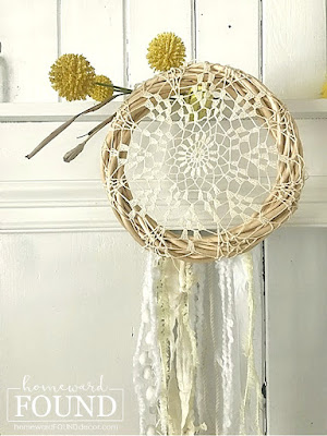 coastal style,beach style,decorating,vintage style,farmhouse style,thrifted,diy decorating,summer,re-purposing,white,fall,DIY,vintage,boho style,neutrals,boho decor,dreamcatcher, boho dreamcatcher,lace doily dreamcatcher.