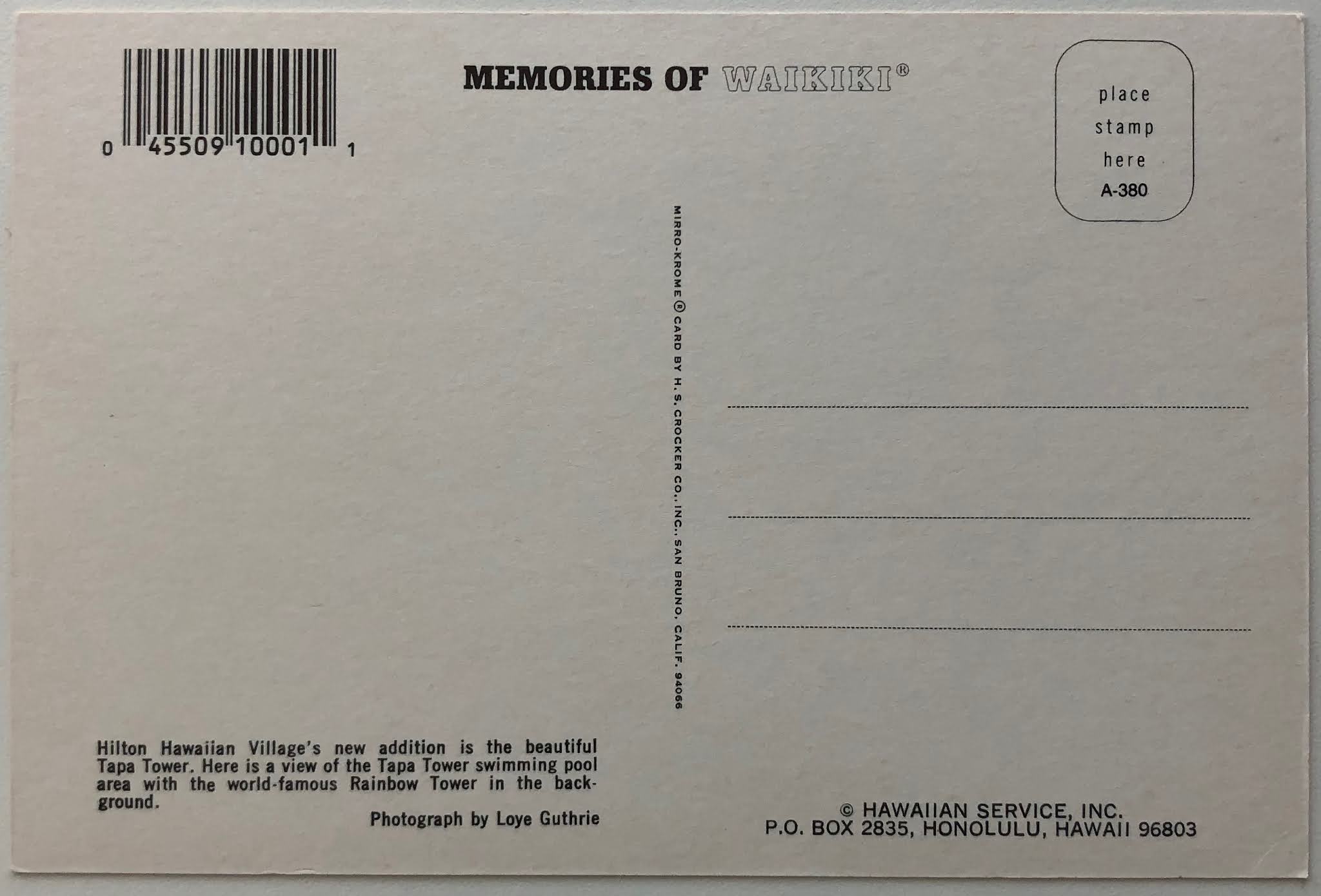 Hilton Hotel Philately Hilton Hawaiian Village 1985 postcard to