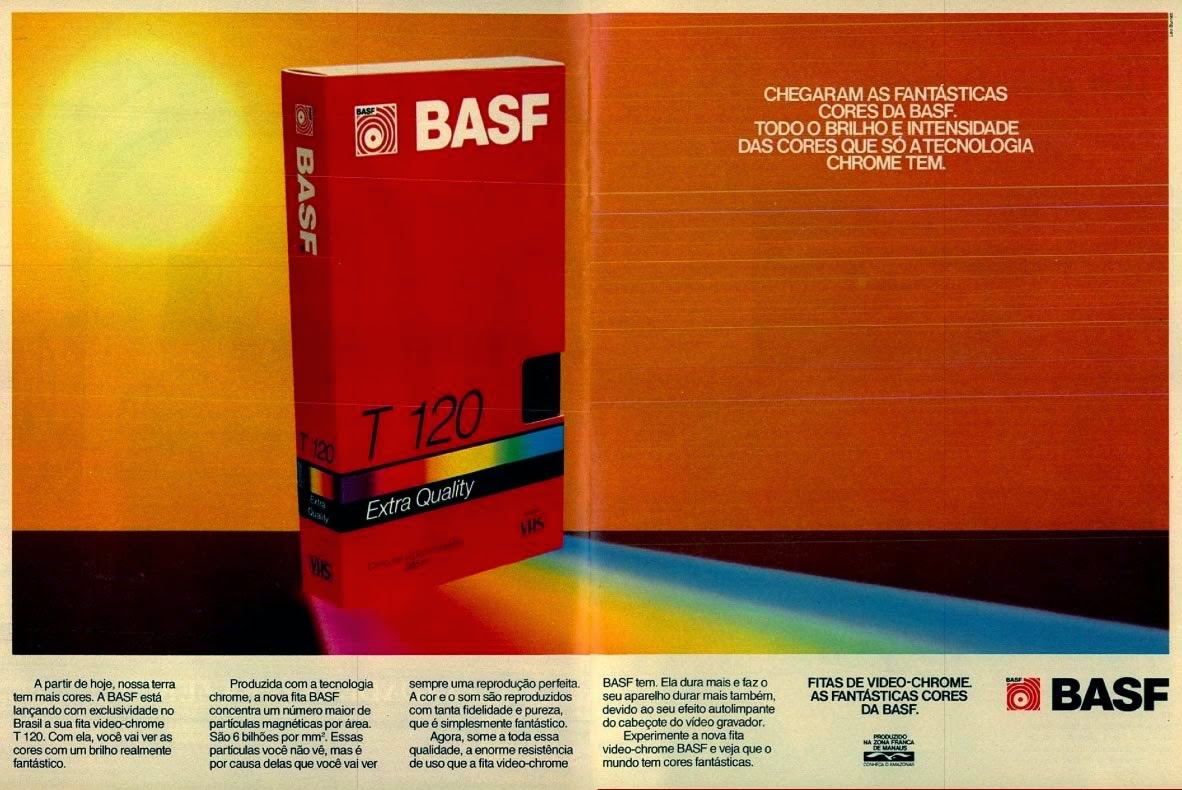 Propaganda das fitas VHS da BASF, em 1988. Era de sucesso dos vídeo-cassetes.