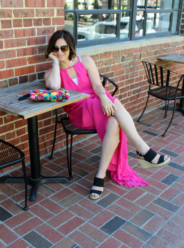 pink maxi dress, espadrille wedges, pretty in pink